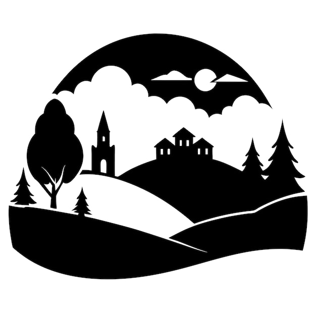 Vector a black and white image of a landscape with trees and mountains