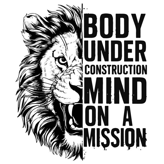 Vector black and white image of a lion typography tshirt design