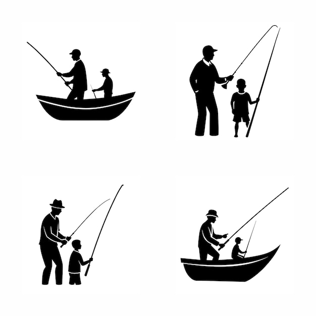 A black and white image of a man fishing with a child and a boat Happy fathers day