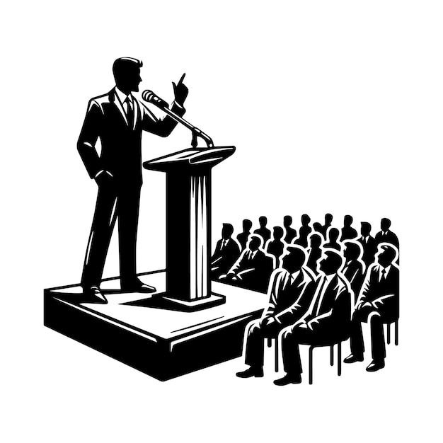 Vector a black and white image of a man in a suit with a microphone on his hand