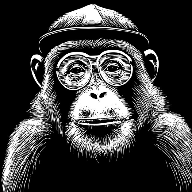 Vector a black and white image of a monkey wearing glasses and a hat