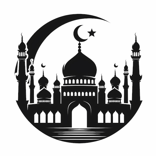 a black and white image of a mosque with a crescent moon in the middle