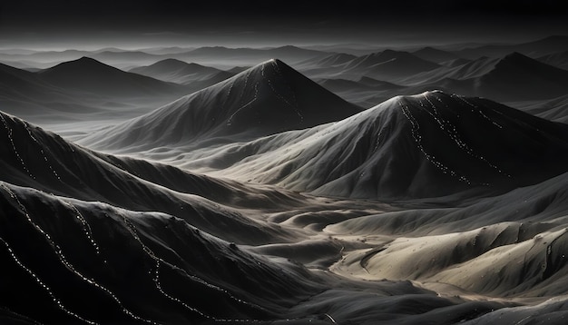 Vector a black and white image of a mountain range with glowing lines of light resembling a futuristic or alien landscape