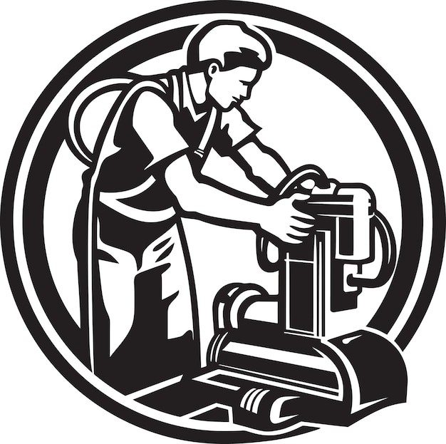 a black and white image of a person working on a machine