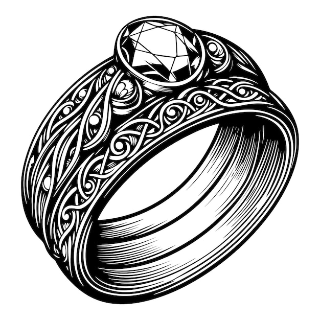 a black and white image of a ring with a heart on it