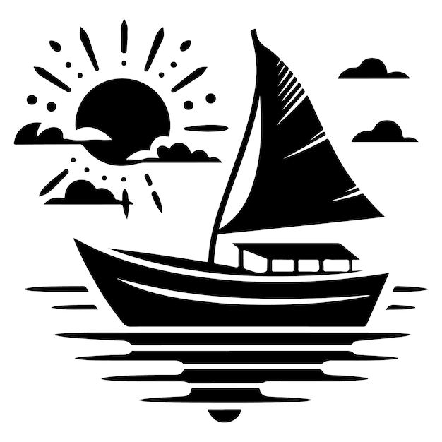 a black and white image of a sailboat with the sun shining on it