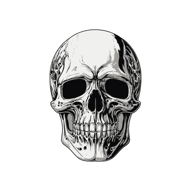 a black and white image of a skull with a silver face