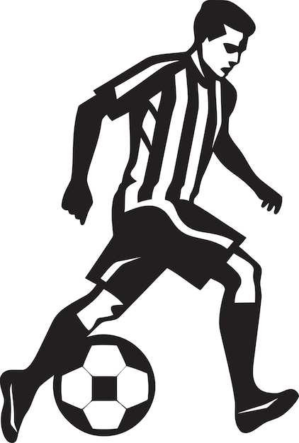 a black and white image of a soccer player with a striped shirt