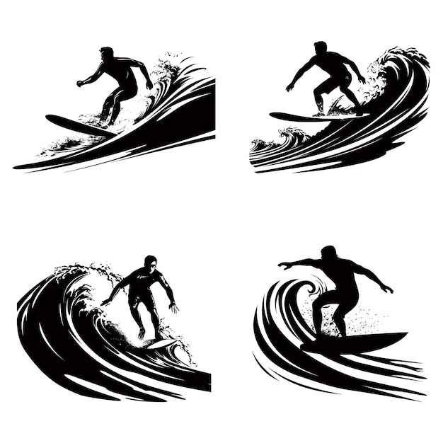 a black and white image of a surfer riding a wave