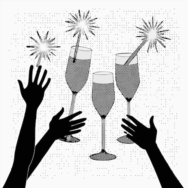 a black and white image of two hands reaching for a champagne glass