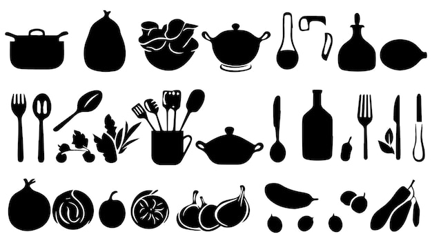 a black and white image of various kitchen utensils and a bottle of olive oil