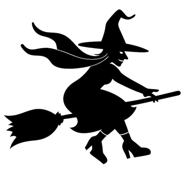 Vector a black and white image of a witch and a broom with a witch on it