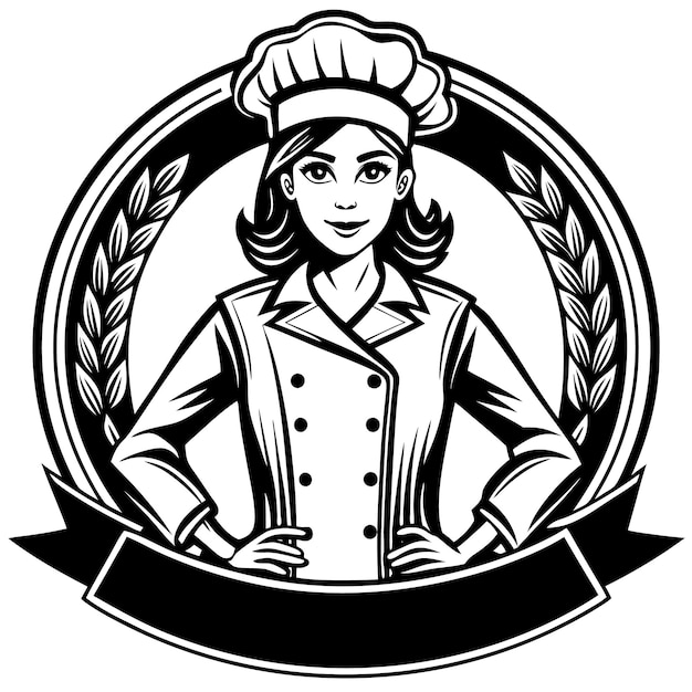 a black and white image of a woman in a chefs hat