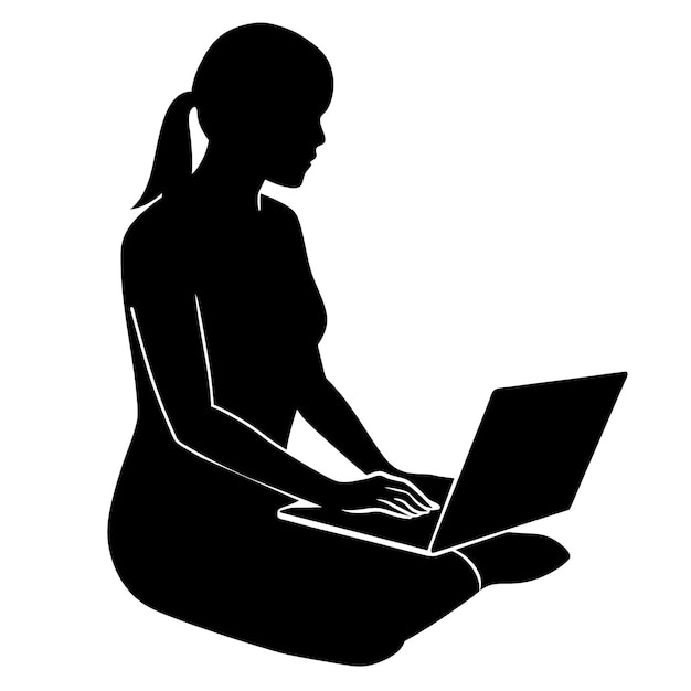 a black and white image of a woman with a laptop on her lap