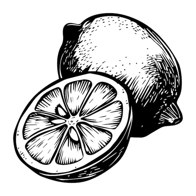 Vector black and white lemon illustration in detailed vintage woodcut style vector drawing