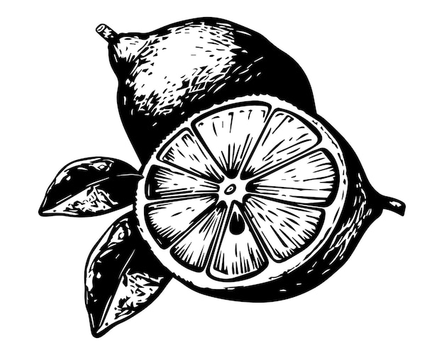 Vector black and white lemon illustration in detailed vintage woodcut style vector drawing