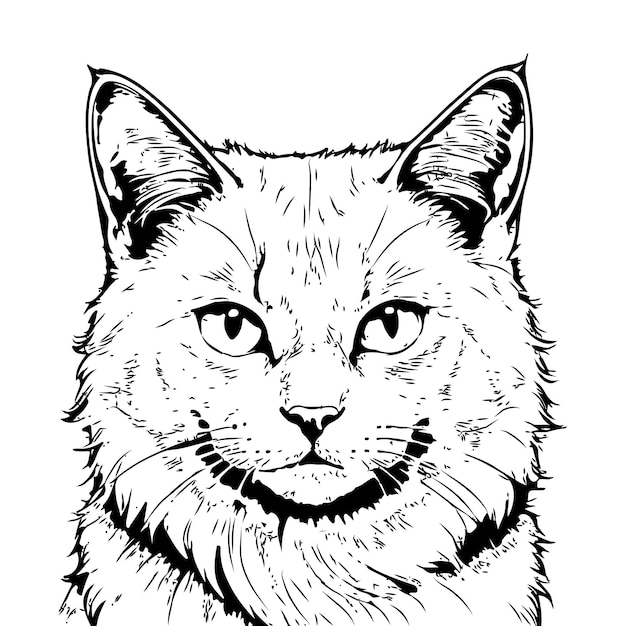 A black and white line art of a cat