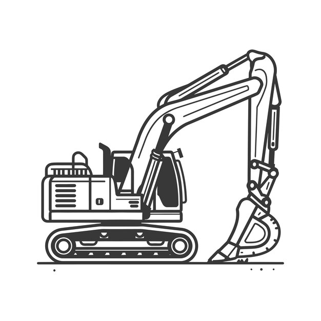 Black and White Line Art Illustration of an Excavator