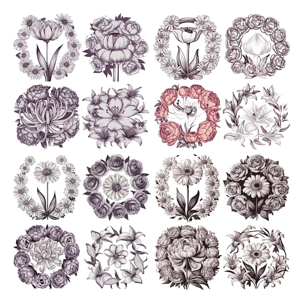 Vector black and white line art illustration of four flower variants with floral wreaths