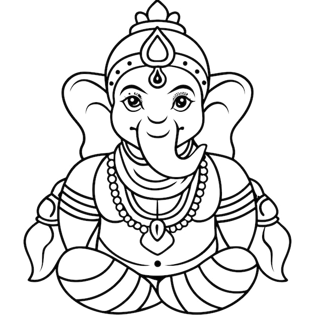 Black and white line art illustration of Ganesha an elephantheaded Hindu deity