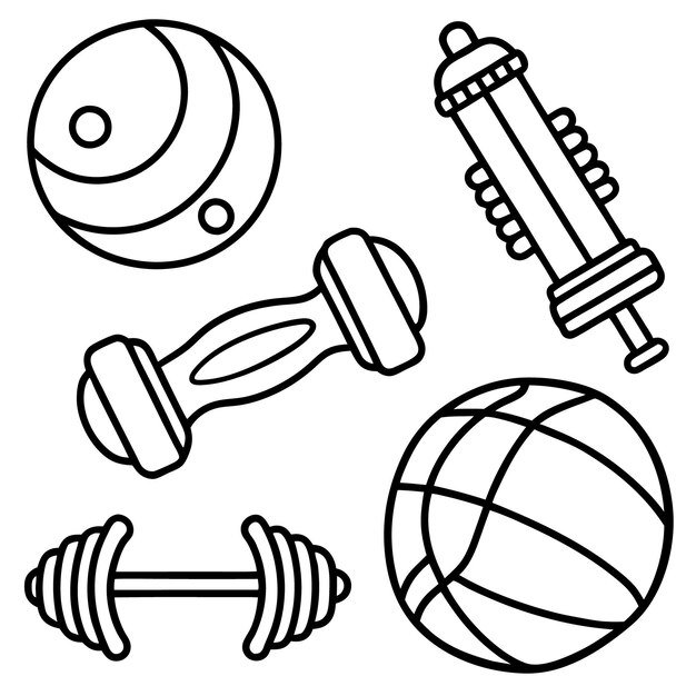 Vector black and white line art illustration of various sports equipment including a basketball dumbbells a medicine ball and a water bottle