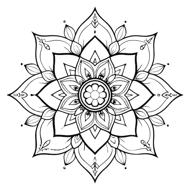 Vector black and white line art mandala with detailed flower and leaf patterns