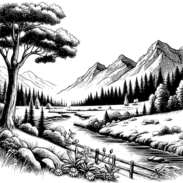 Black and White Line Art of Nature Landscape HandDrawn Style