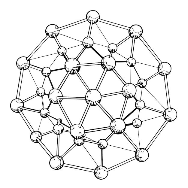 A black and white line drawing of a complex interconnected molecule