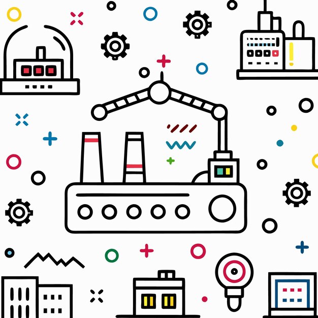 Vector a black and white line drawing of a factory with colorful accents and simple shapes