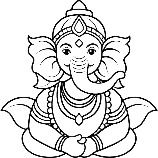 Black and white line drawing of Ganesha the Hindu elephant god with big ears and a crown