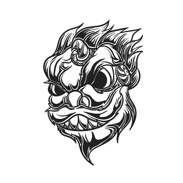 Black and white lion dance illustration for coloring book on white background