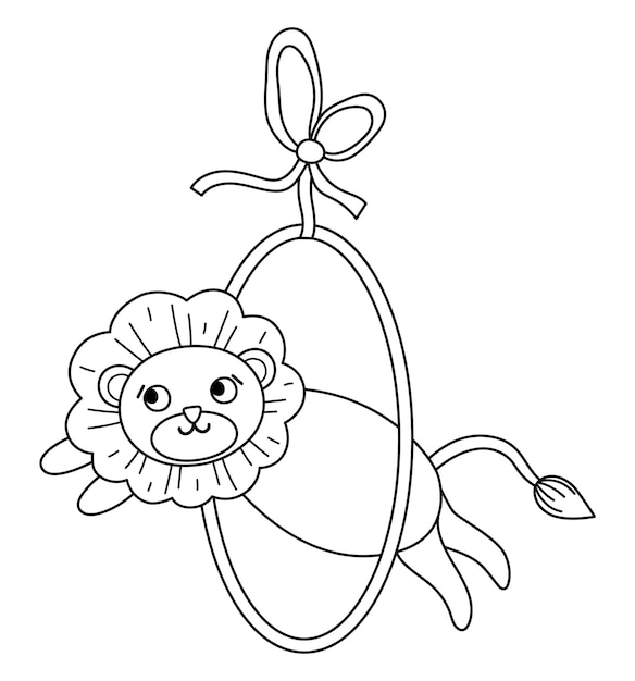 Black and white lion jumping through the hoop Vector circus animal Amusement holiday line icon Cute funny festival character clip art Street show comedian illustration or coloring pagexA