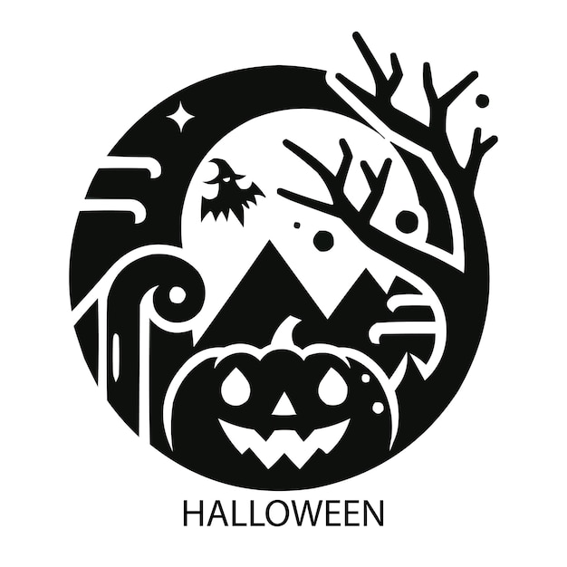 Vector a black and white logo for halloween with a black circle with a tree in the middle