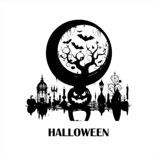 a black and white logo for halloween with a pumpkin on the top