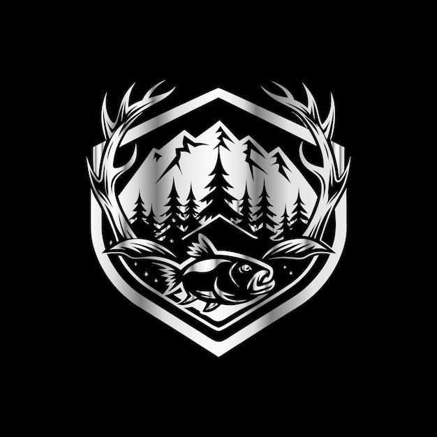 Vector a black and white logo with a deer and a mountain in the background