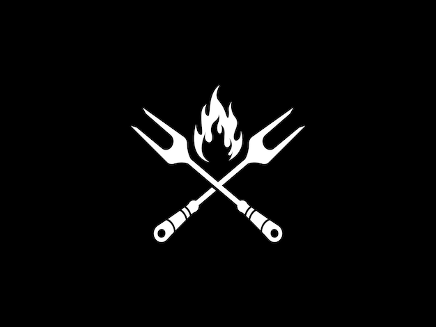 A black and white logo with a fork and a flame on it