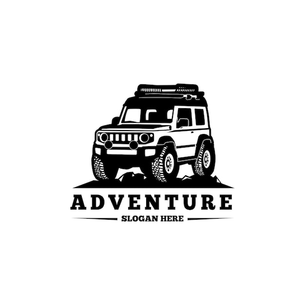 Black and white logo with a jeep on top