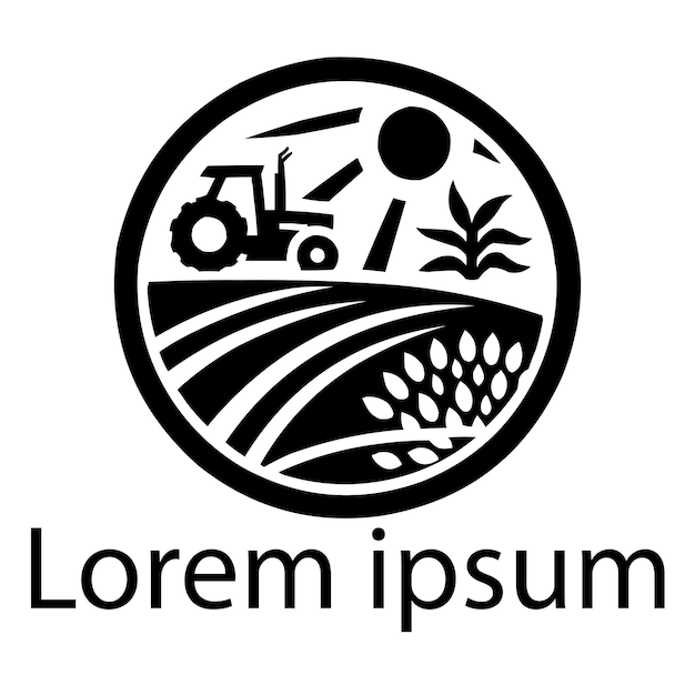 a black and white logo with a picture of a tractor and trees