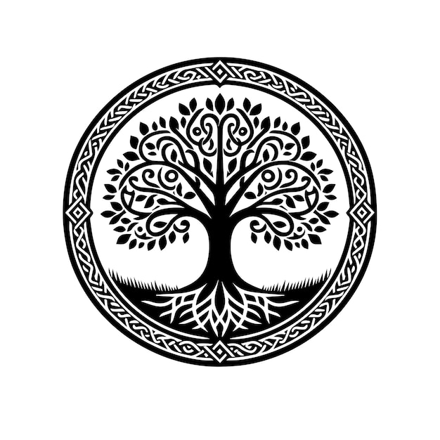 a black and white logo with a tree and a circle