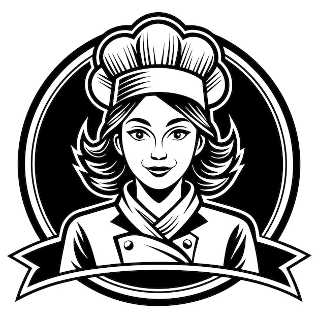 a black and white logo of a woman in a chefs hat