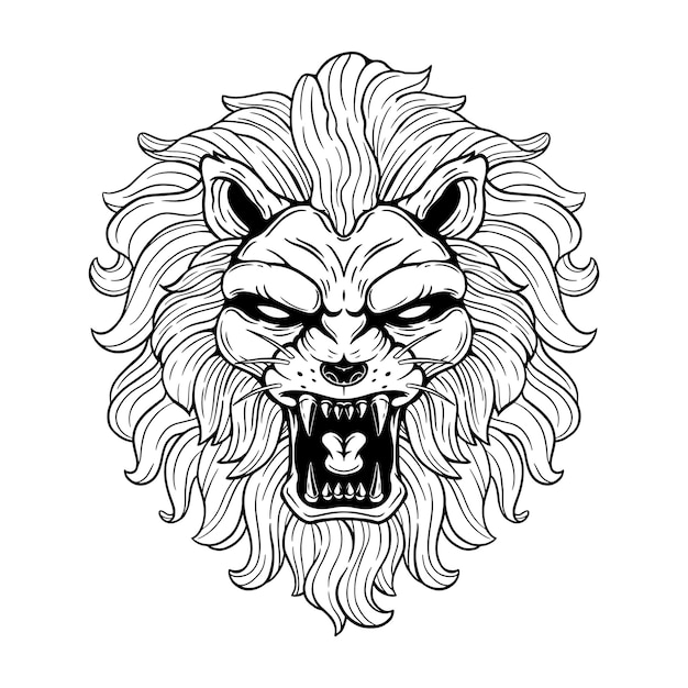 black and white male lion head with roaring mouth