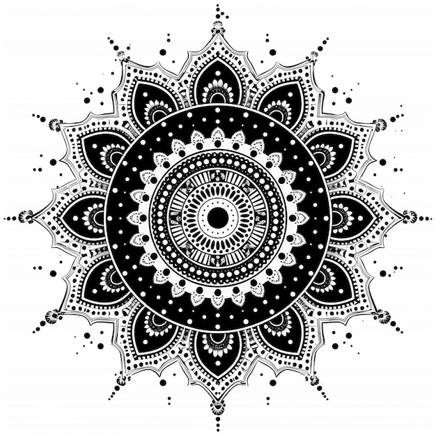 Vector a black and white mandala with a circle of white flowers