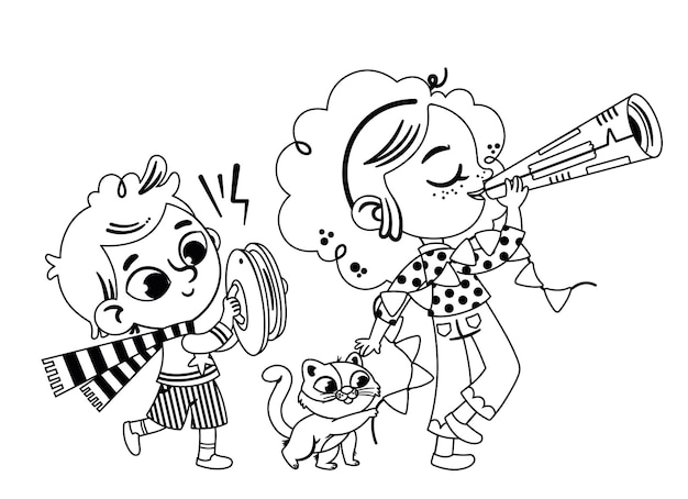 Black and white marching kids with a cat Vector illustration