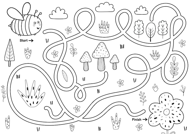 Black and white maze game for kids Help the cute bee find the way to the flower Printable labyrinth activity for children 