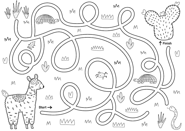 Black and white maze game for kids Help the cute llama find the way to the cactus Printable labyrinth activity for children 