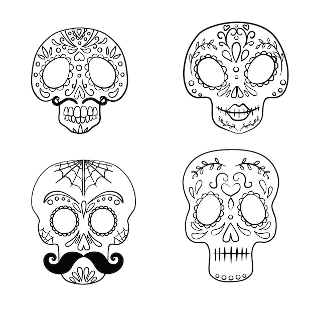 Black and white Mexican sugar skull coloring page line art set