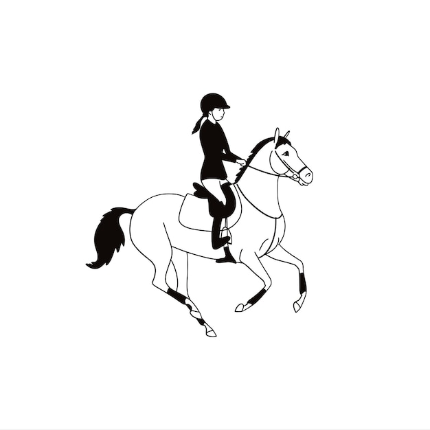 Black and white minimalist drawing of a teenager riding a pony