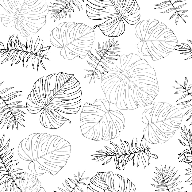 Black and white monstera and palm leaves seamless pattern for textile or wallpapers vector tropical