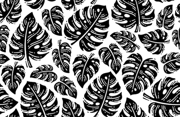 Black and White Monstera tropical leaf Pattern