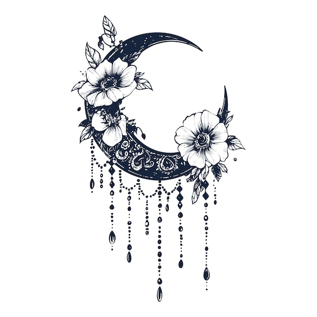 Vector black and white moon and flowers illustration